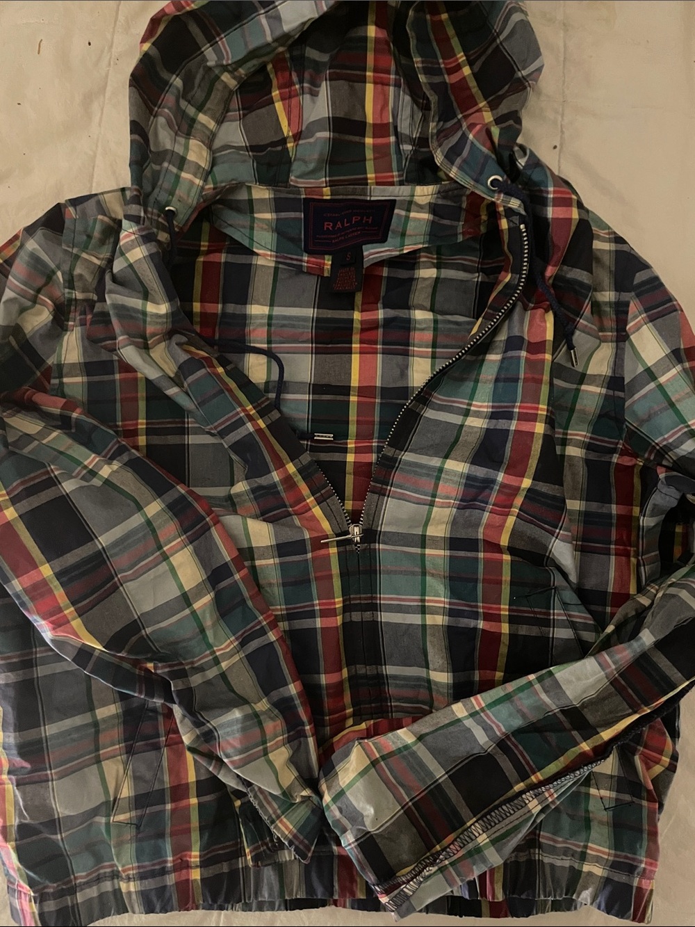 Ralph collection Boys Sized Small Hooded Plaid Zip-Up Jacket in Navy, Red grey